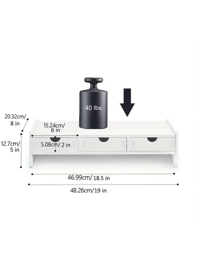 White Adjustable Height Monitor Stand With Storage Drawers Shelves Desk Organizer - Image 2